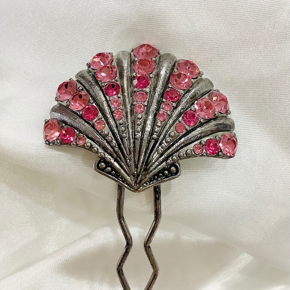 Elegant Vintage Hair Stick Pink Rhinestone Crystals on Silver Fan